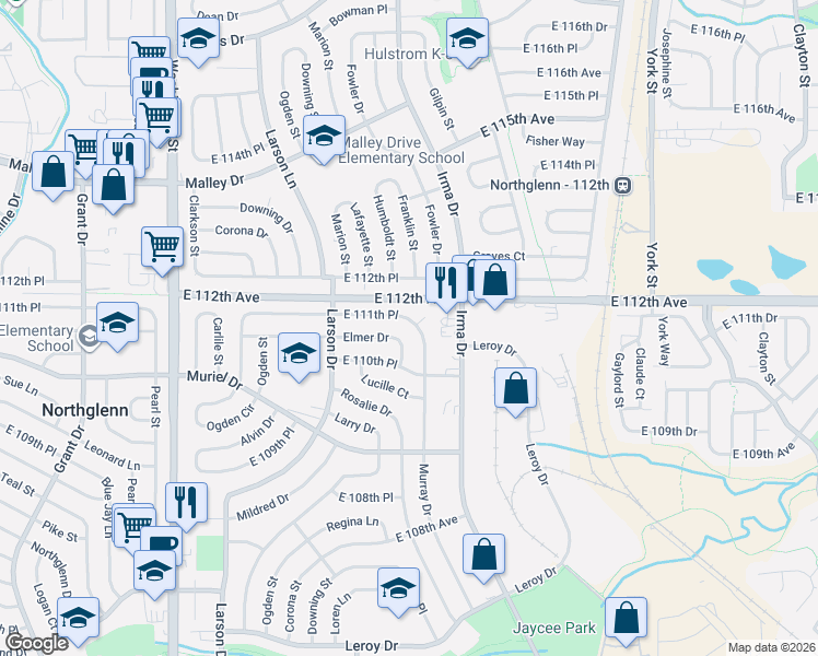 map of restaurants, bars, coffee shops, grocery stores, and more near 1476 East 111th Place in Northglenn