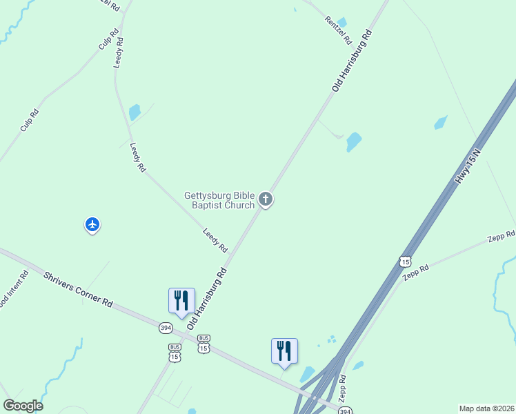 map of restaurants, bars, coffee shops, grocery stores, and more near 3025 Old Harrisburg Road in Gettysburg