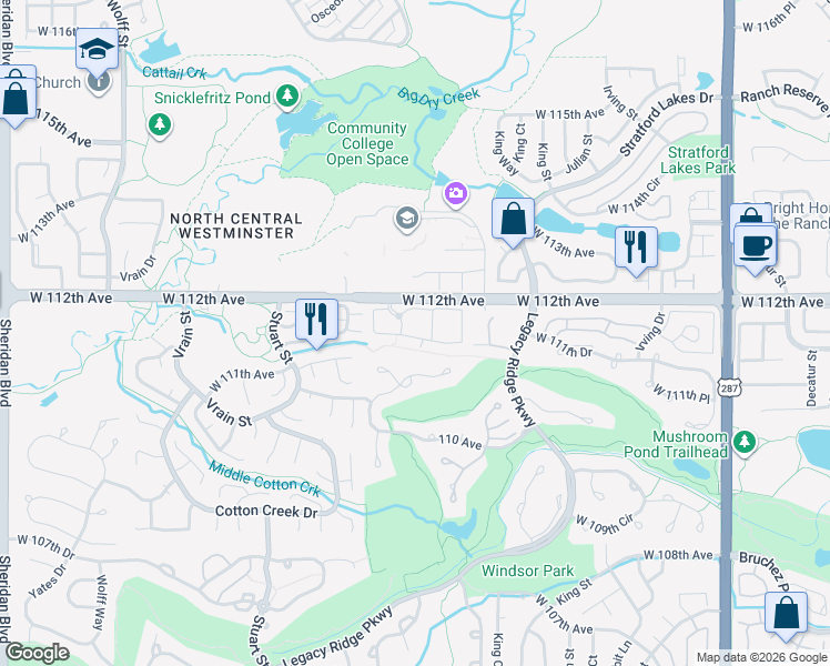 map of restaurants, bars, coffee shops, grocery stores, and more near 3840 West 112th Avenue in Westminster