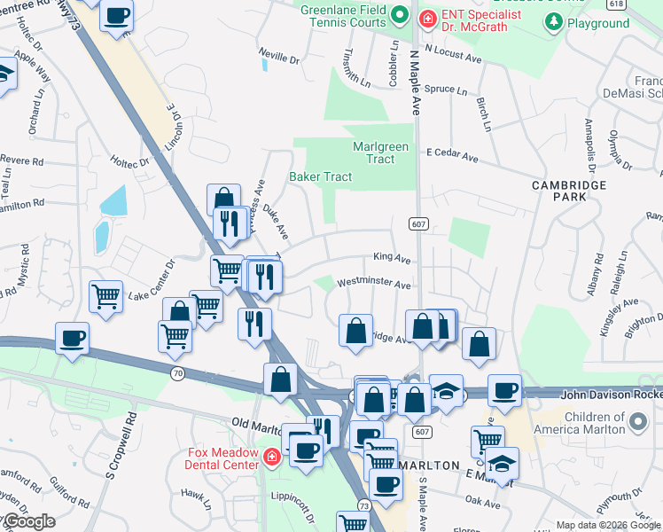 map of restaurants, bars, coffee shops, grocery stores, and more near 15 King Avenue in Evesham