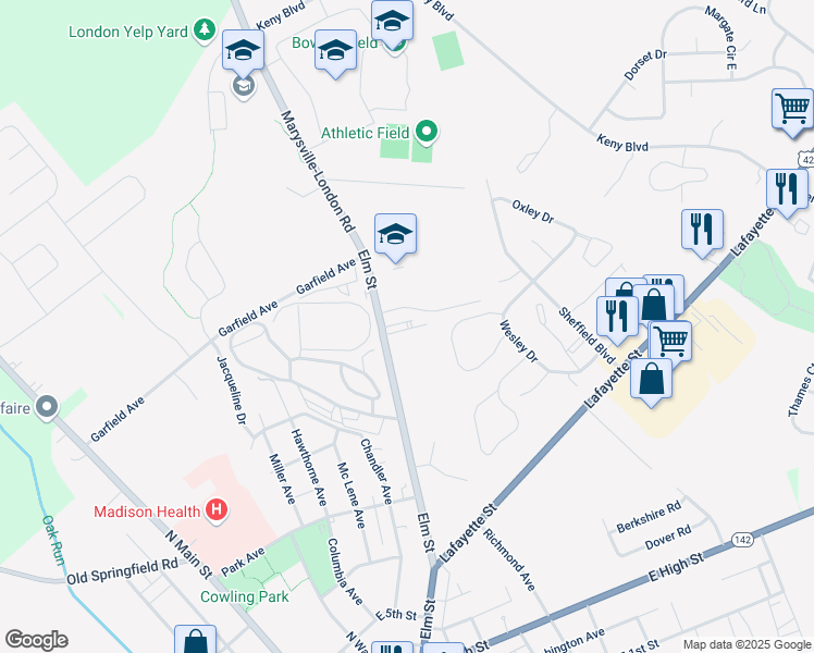 map of restaurants, bars, coffee shops, grocery stores, and more near 224 Elm Street in London