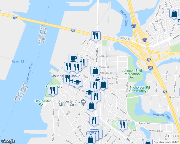 map of restaurants, bars, coffee shops, grocery stores, and more near 341 Hudson Street in Gloucester City