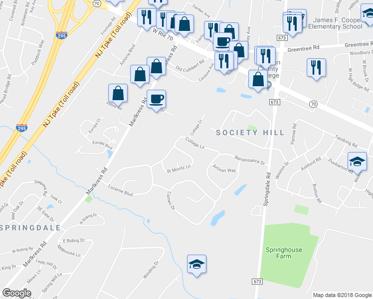 map of restaurants, bars, coffee shops, grocery stores, and more near 25 Saint Moritz Lane in Cherry Hill