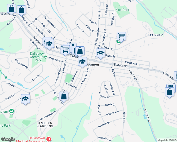 map of restaurants, bars, coffee shops, grocery stores, and more near 57 South Pleasant Avenue in Dallastown