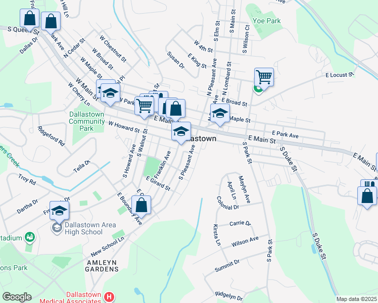 map of restaurants, bars, coffee shops, grocery stores, and more near 64 South Pleasant Avenue in Dallastown