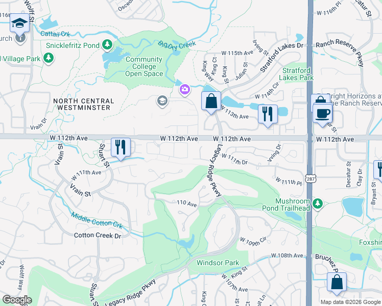 map of restaurants, bars, coffee shops, grocery stores, and more near 3638 West 111th Drive in Westminster