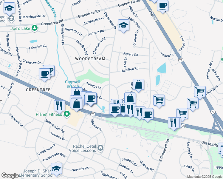 map of restaurants, bars, coffee shops, grocery stores, and more near 110 Conestoga Dr in Marlton