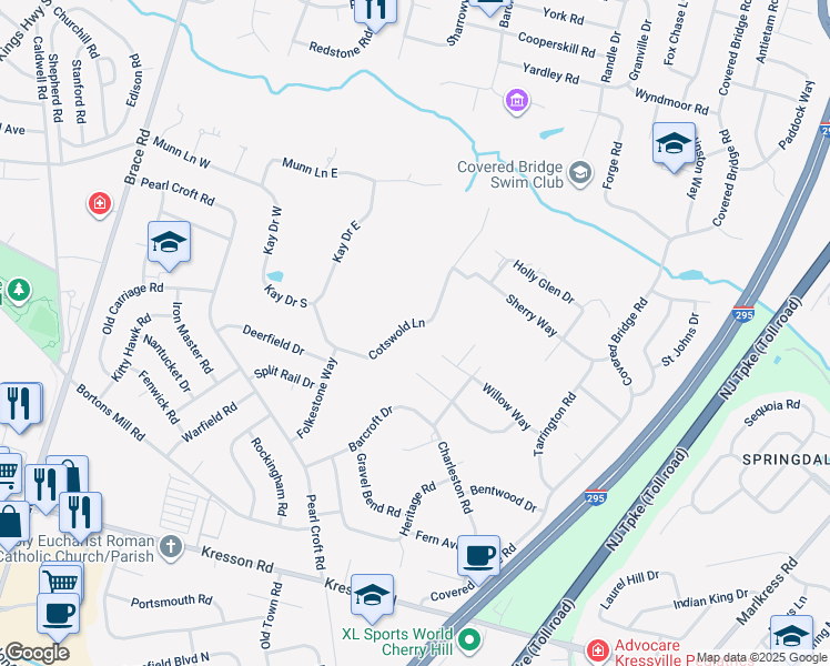 map of restaurants, bars, coffee shops, grocery stores, and more near 1227 Cotswold Lane in Cherry Hill Township