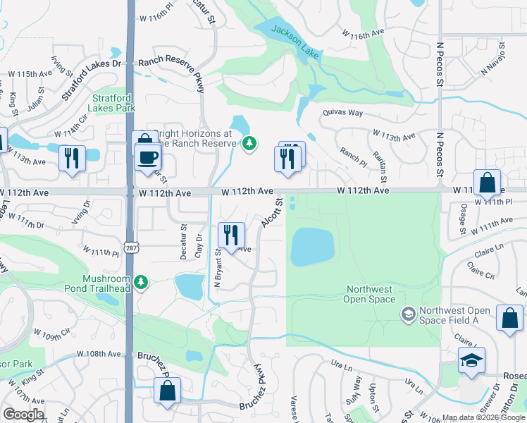 map of restaurants, bars, coffee shops, grocery stores, and more near 11197 Alcott Street in Westminster
