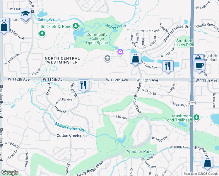 map of restaurants, bars, coffee shops, grocery stores, and more near 3840 West 112th Avenue in Westminster