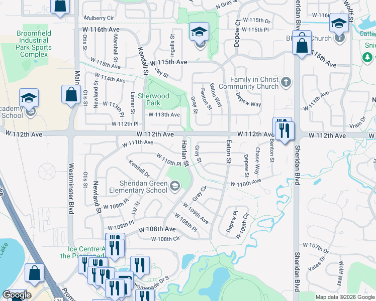 map of restaurants, bars, coffee shops, grocery stores, and more near 6020 West 111th Avenue in Broomfield