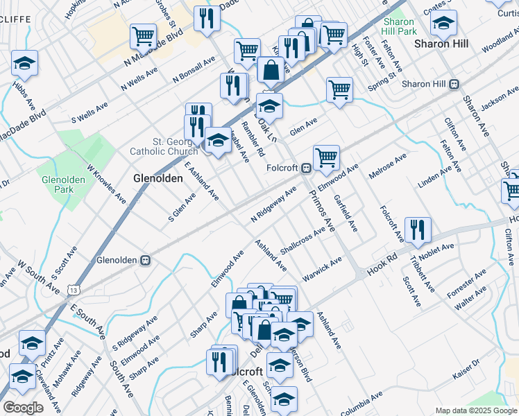 map of restaurants, bars, coffee shops, grocery stores, and more near 26 North Ridgeway Avenue in Glenolden