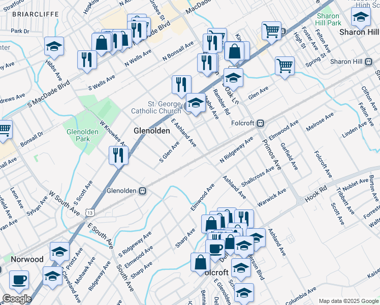 map of restaurants, bars, coffee shops, grocery stores, and more near 17 South Woodland Avenue in Glenolden