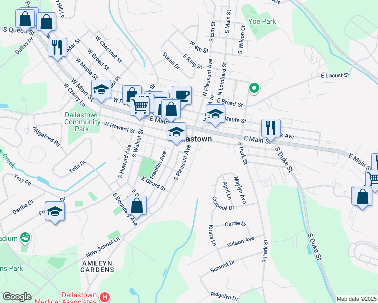 map of restaurants, bars, coffee shops, grocery stores, and more near 57 South Pleasant Avenue in Dallastown