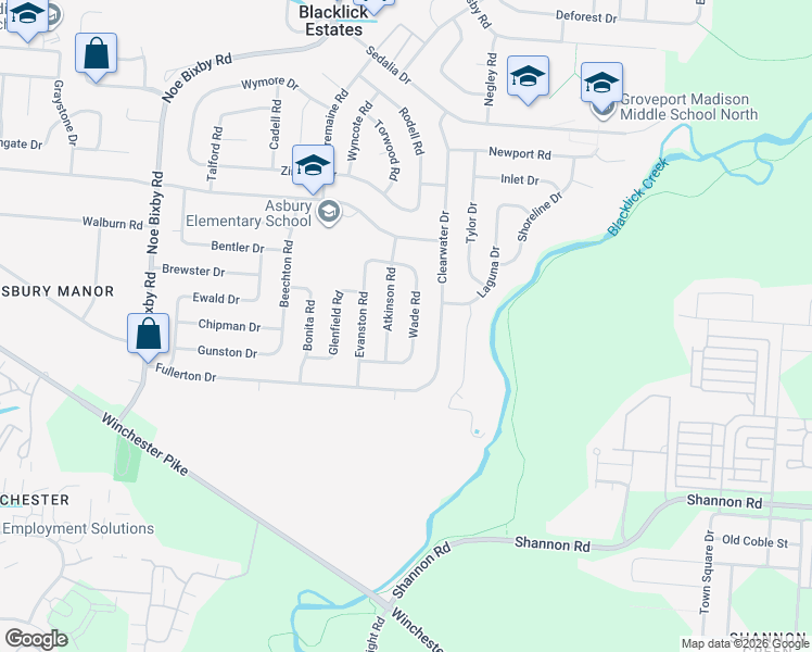 map of restaurants, bars, coffee shops, grocery stores, and more near 3876 Wade Road in Columbus