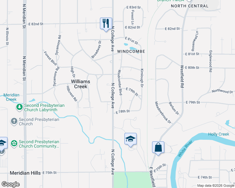 map of restaurants, bars, coffee shops, grocery stores, and more near 7832 Windcombe Boulevard in Indianapolis