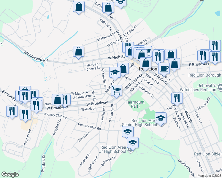 map of restaurants, bars, coffee shops, grocery stores, and more near 211 1st Avenue in Red Lion