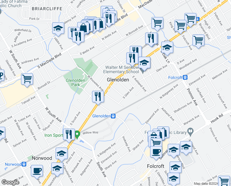 map of restaurants, bars, coffee shops, grocery stores, and more near 26 Logan Avenue in Glenolden