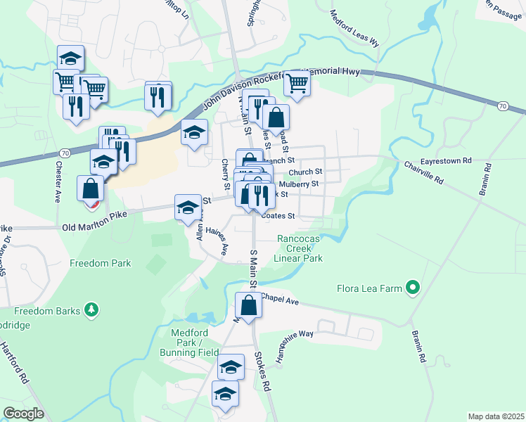 map of restaurants, bars, coffee shops, grocery stores, and more near 23 South Main Street in Medford