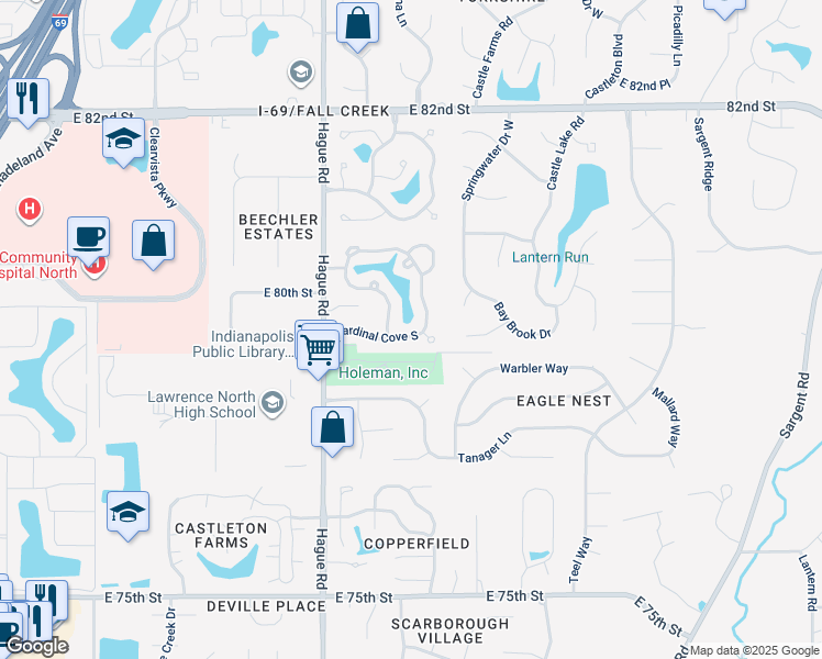 map of restaurants, bars, coffee shops, grocery stores, and more near 7884 Cardinal Cove North in Indianapolis