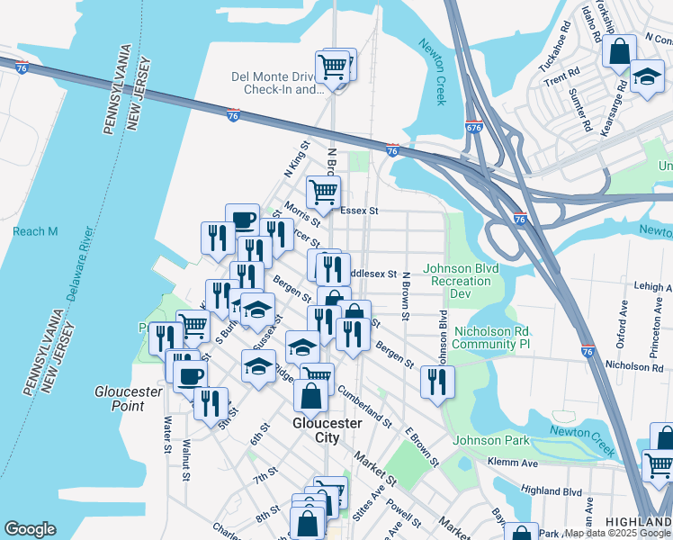 map of restaurants, bars, coffee shops, grocery stores, and more near 116 Broadway in Gloucester City