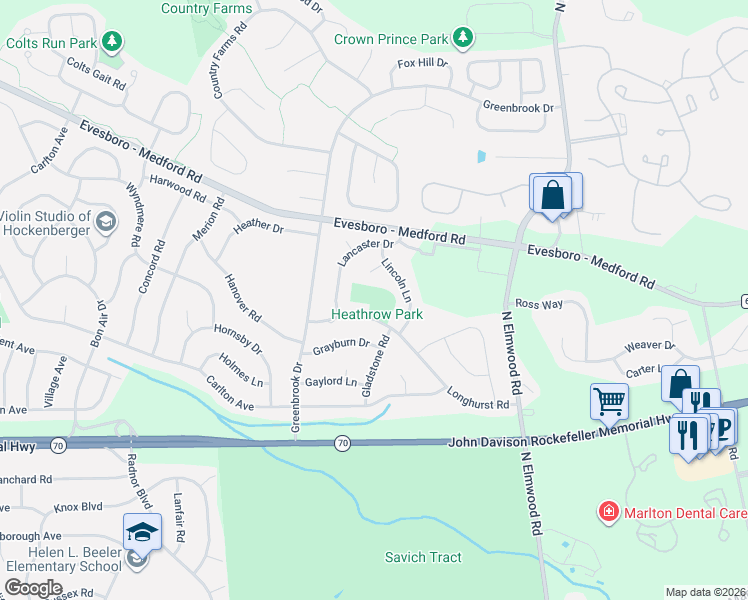 map of restaurants, bars, coffee shops, grocery stores, and more near 15 Longhurst Road in Evesham