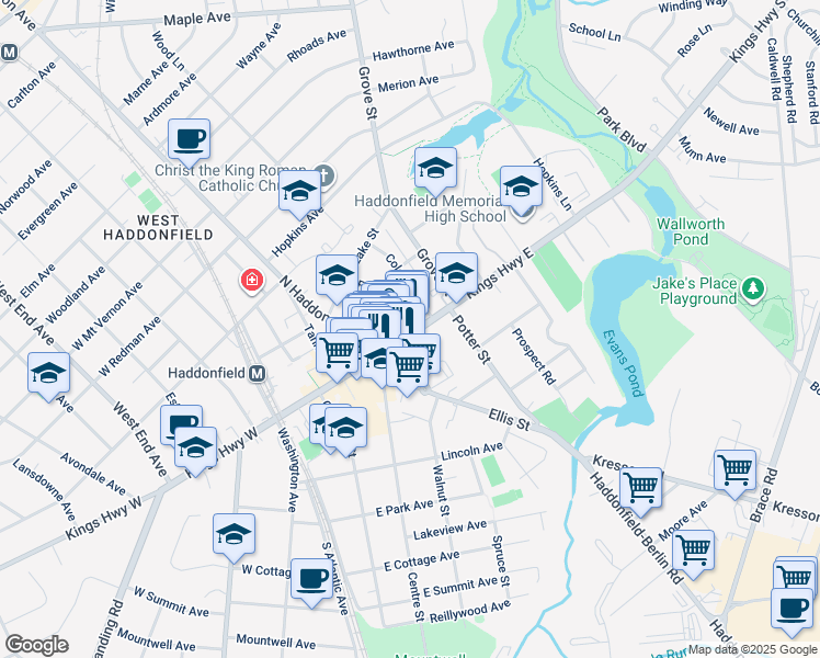 map of restaurants, bars, coffee shops, grocery stores, and more near 221 Kings Highway East in Haddonfield