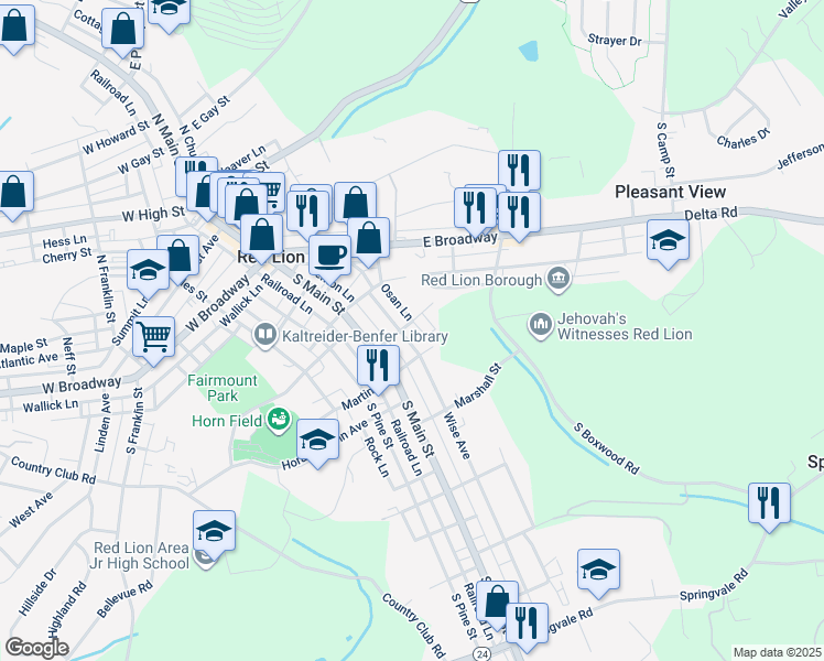 map of restaurants, bars, coffee shops, grocery stores, and more near 311 Wise Avenue in Red Lion