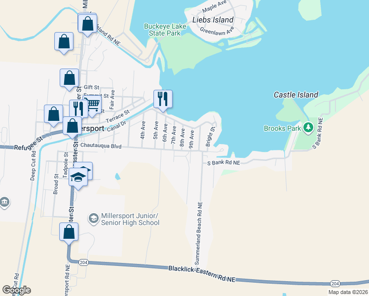 map of restaurants, bars, coffee shops, grocery stores, and more near 12048 8th Avenue in Millersport