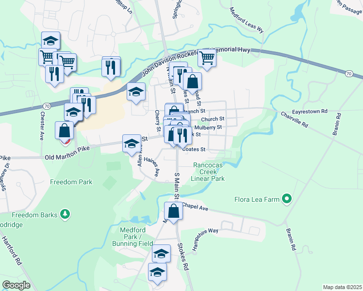 map of restaurants, bars, coffee shops, grocery stores, and more near 23 South Main Street in Medford