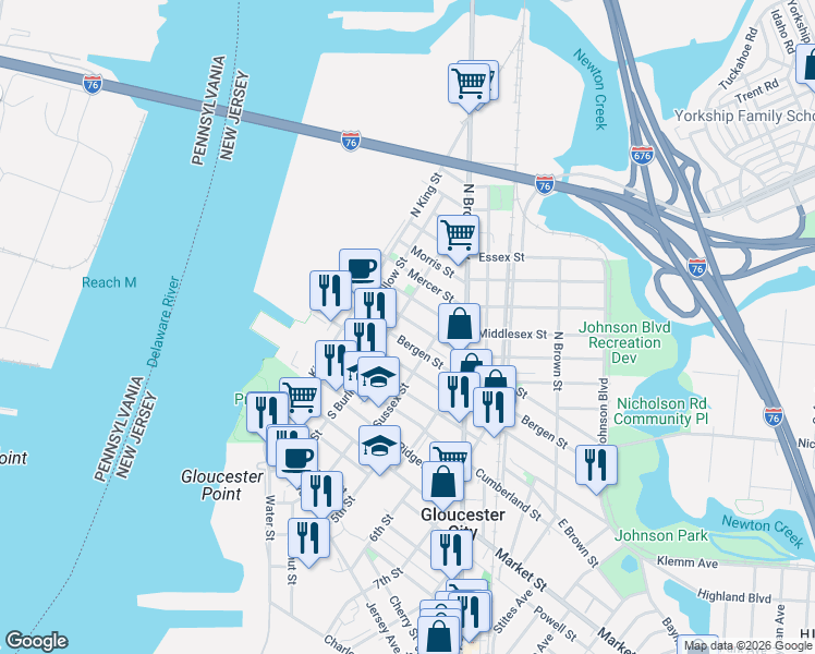 map of restaurants, bars, coffee shops, grocery stores, and more near 16 North Burlington Street in Gloucester City