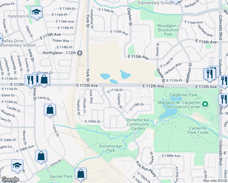 map of restaurants, bars, coffee shops, grocery stores, and more near 11149 Clayton Street in Northglenn