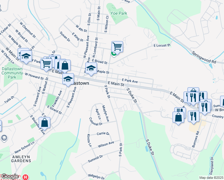 map of restaurants, bars, coffee shops, grocery stores, and more near 24 East Frederick Street in Dallastown