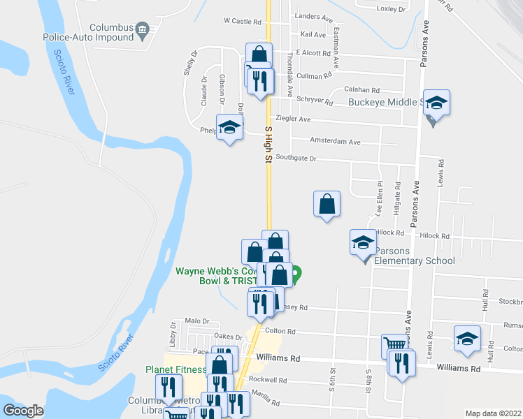 map of restaurants, bars, coffee shops, grocery stores, and more near 3051 South High Street in Columbus