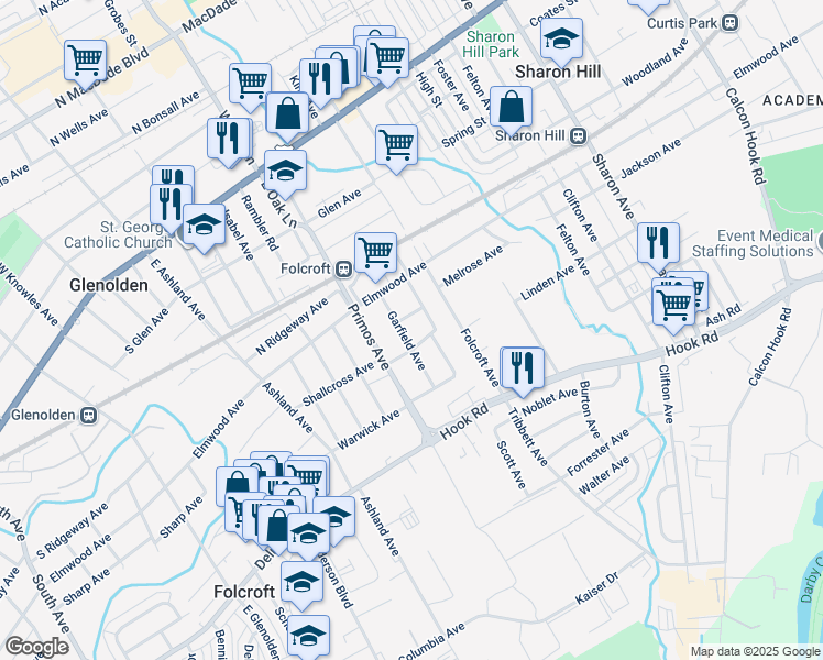 map of restaurants, bars, coffee shops, grocery stores, and more near 427 Garfield Avenue in Folcroft