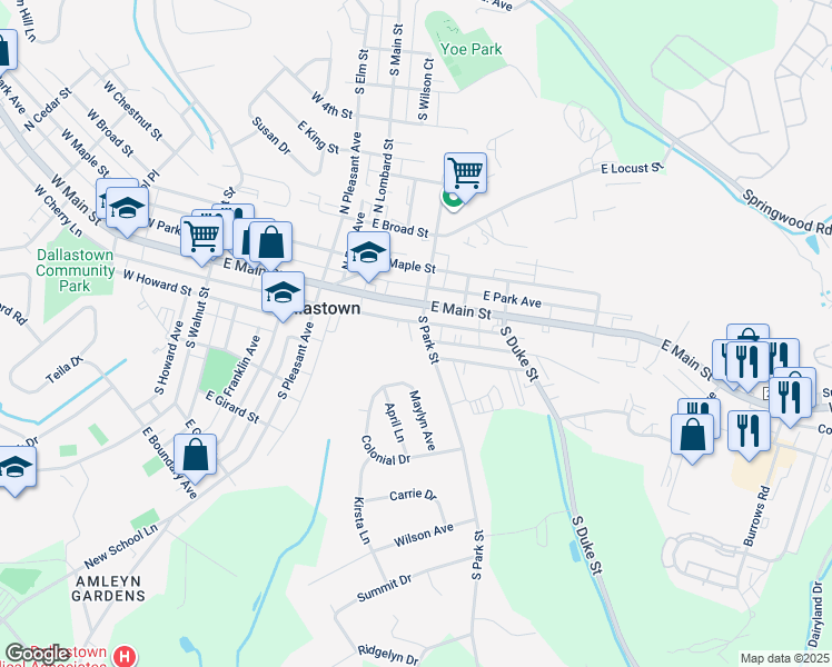 map of restaurants, bars, coffee shops, grocery stores, and more near 20 South Park Street in Dallastown