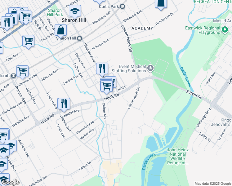 map of restaurants, bars, coffee shops, grocery stores, and more near 1054 Hook Road in Sharon Hill