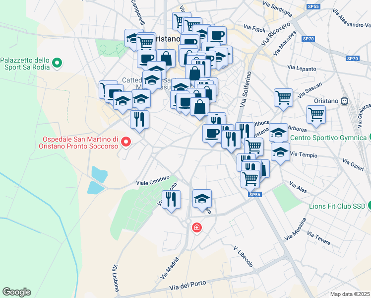 map of restaurants, bars, coffee shops, grocery stores, and more near 11 Viale Cimitero in Oristano