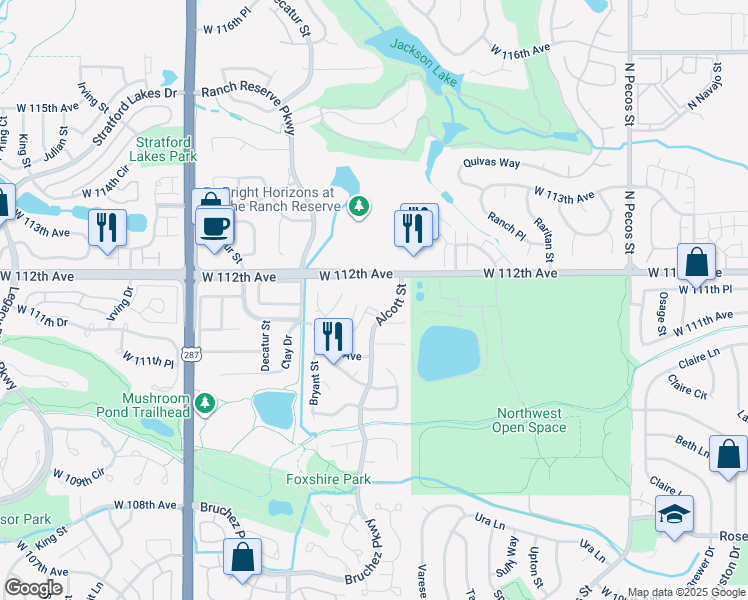 map of restaurants, bars, coffee shops, grocery stores, and more near 11197 Alcott Street in Westminster