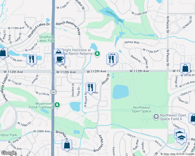 map of restaurants, bars, coffee shops, grocery stores, and more near 11147 Bryant Mews in Westminster
