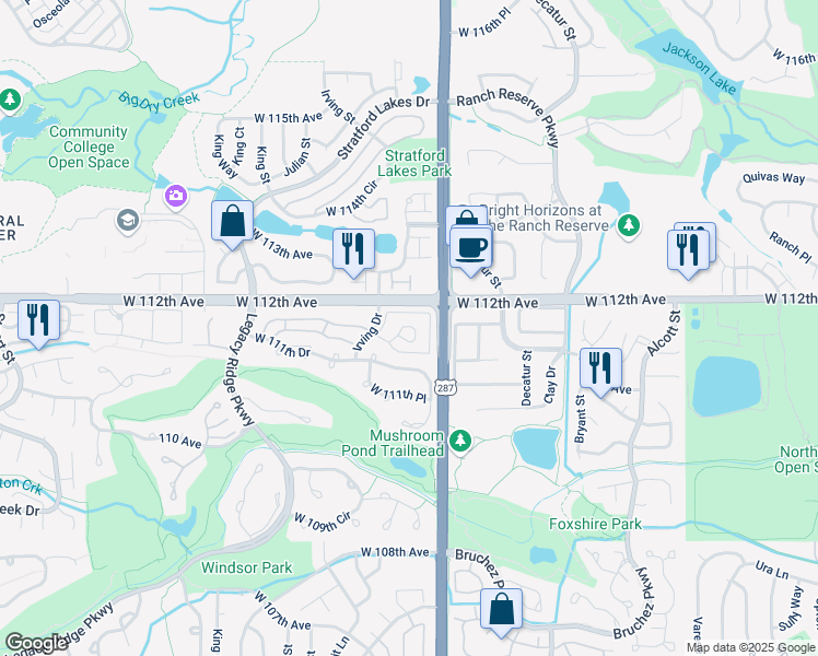 map of restaurants, bars, coffee shops, grocery stores, and more near 11150 Irving Drive in Westminster