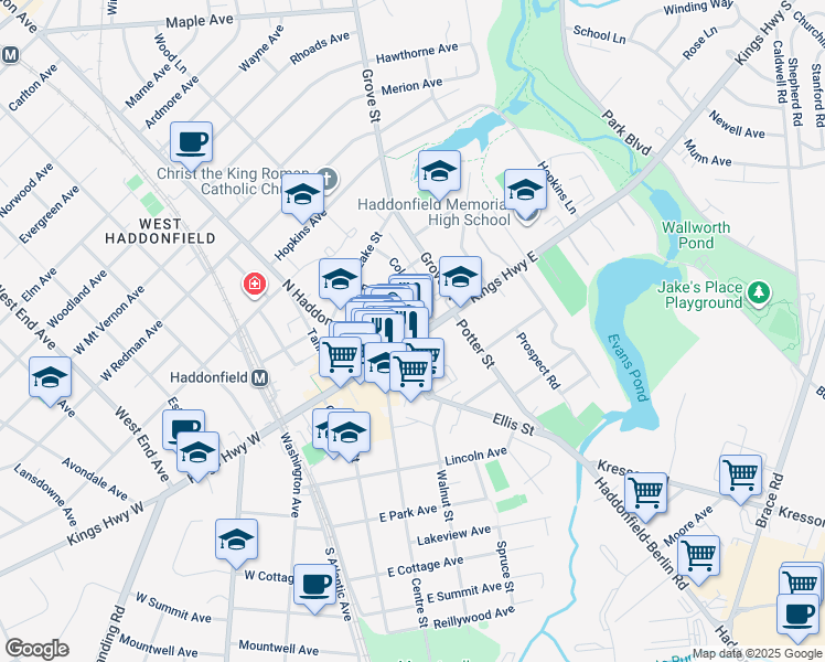 map of restaurants, bars, coffee shops, grocery stores, and more near 221 Kings Highway East in Haddonfield