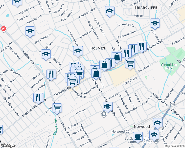 map of restaurants, bars, coffee shops, grocery stores, and more near 2318 MacDade Boulevard in Holmes