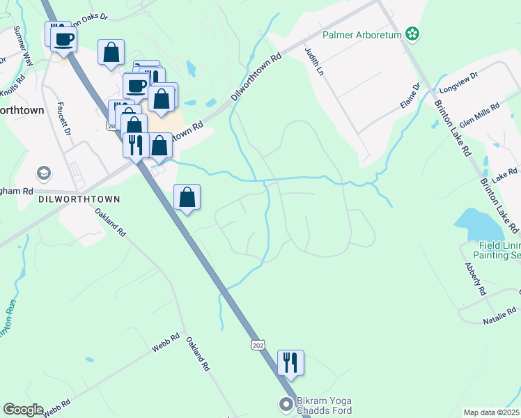 map of restaurants, bars, coffee shops, grocery stores, and more near 21 Oak Leaf Lane in West Chester