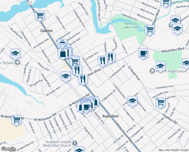 map of restaurants, bars, coffee shops, grocery stores, and more near 28 North Logan Avenue in Audubon