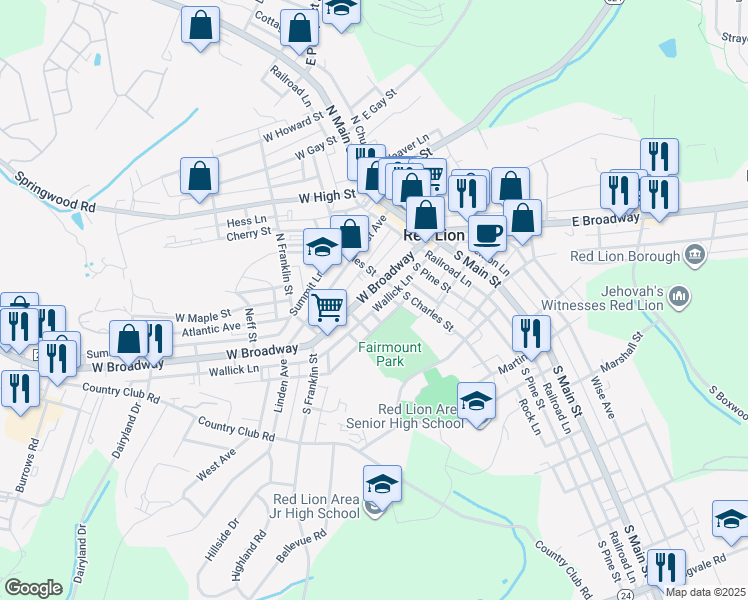 map of restaurants, bars, coffee shops, grocery stores, and more near 27 Boundary Avenue in Red Lion