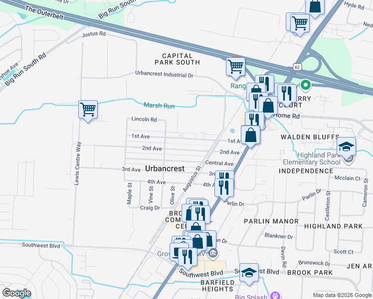 map of restaurants, bars, coffee shops, grocery stores, and more near 3493 2nd Avenue in Grove City