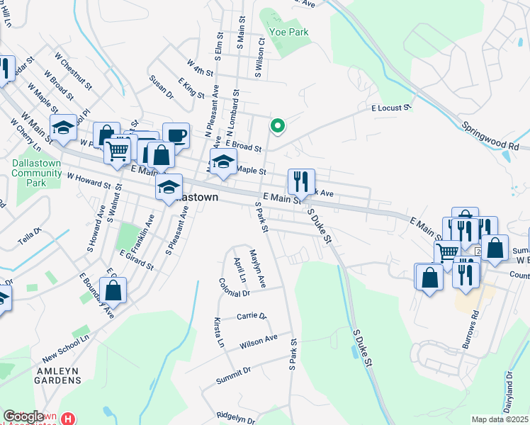 map of restaurants, bars, coffee shops, grocery stores, and more near 23 South Park Street in Dallastown