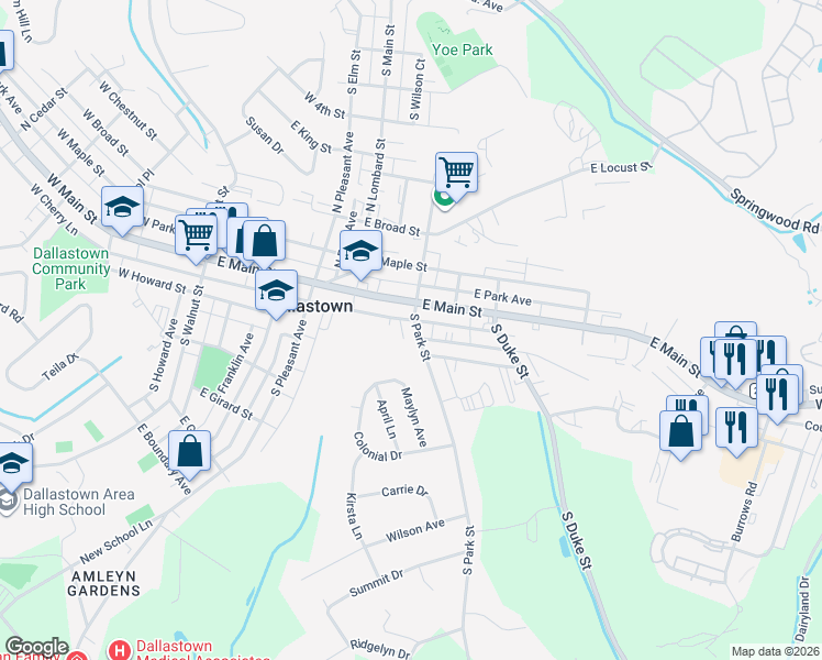 map of restaurants, bars, coffee shops, grocery stores, and more near 30 South Park Street in Dallastown