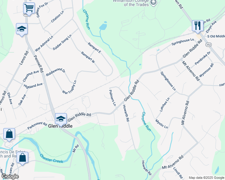 map of restaurants, bars, coffee shops, grocery stores, and more near 14 Brandywine Drive in Media